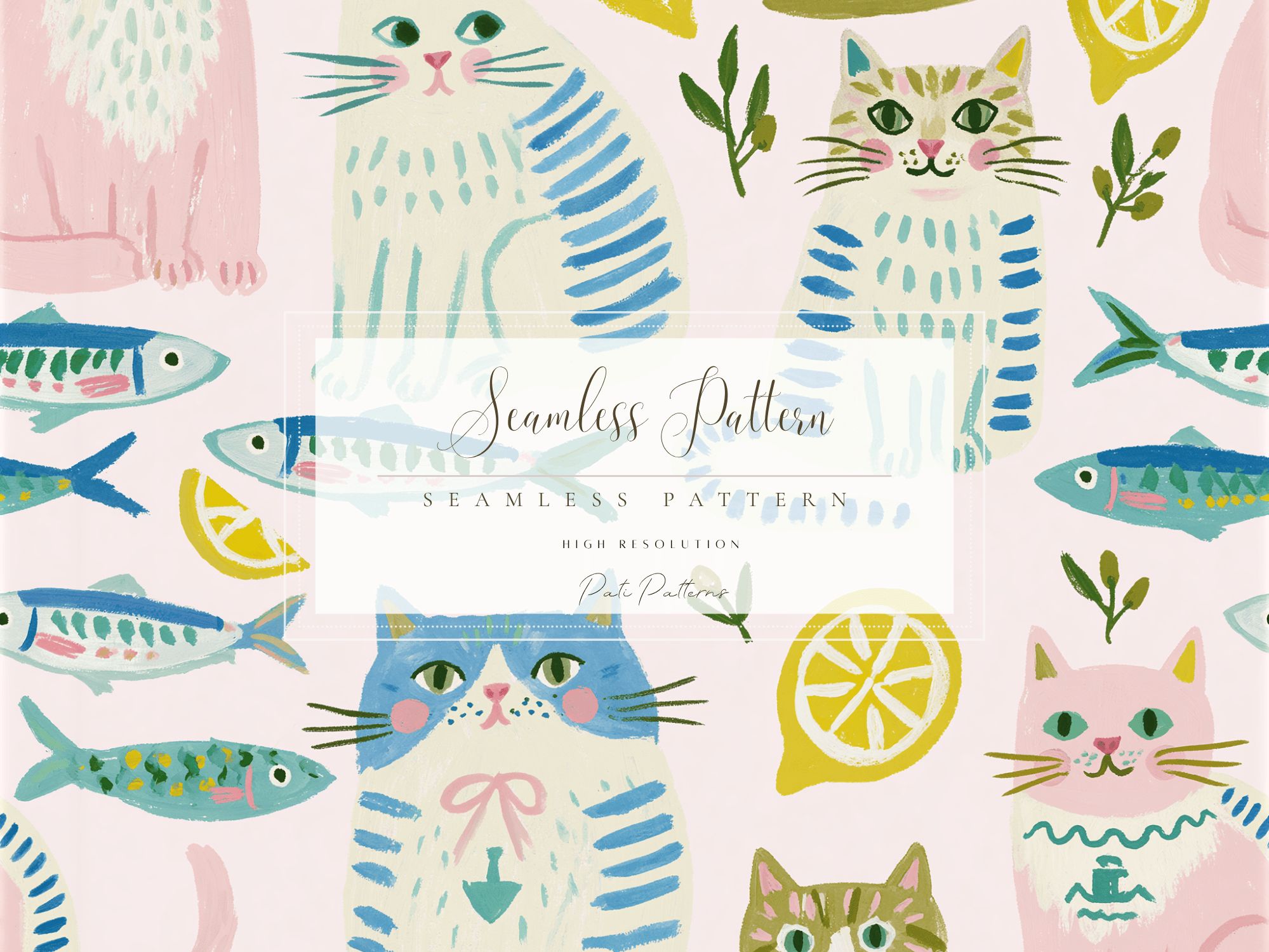 Cute Pastel Cat Seamless Pattern with Fish and Lemons