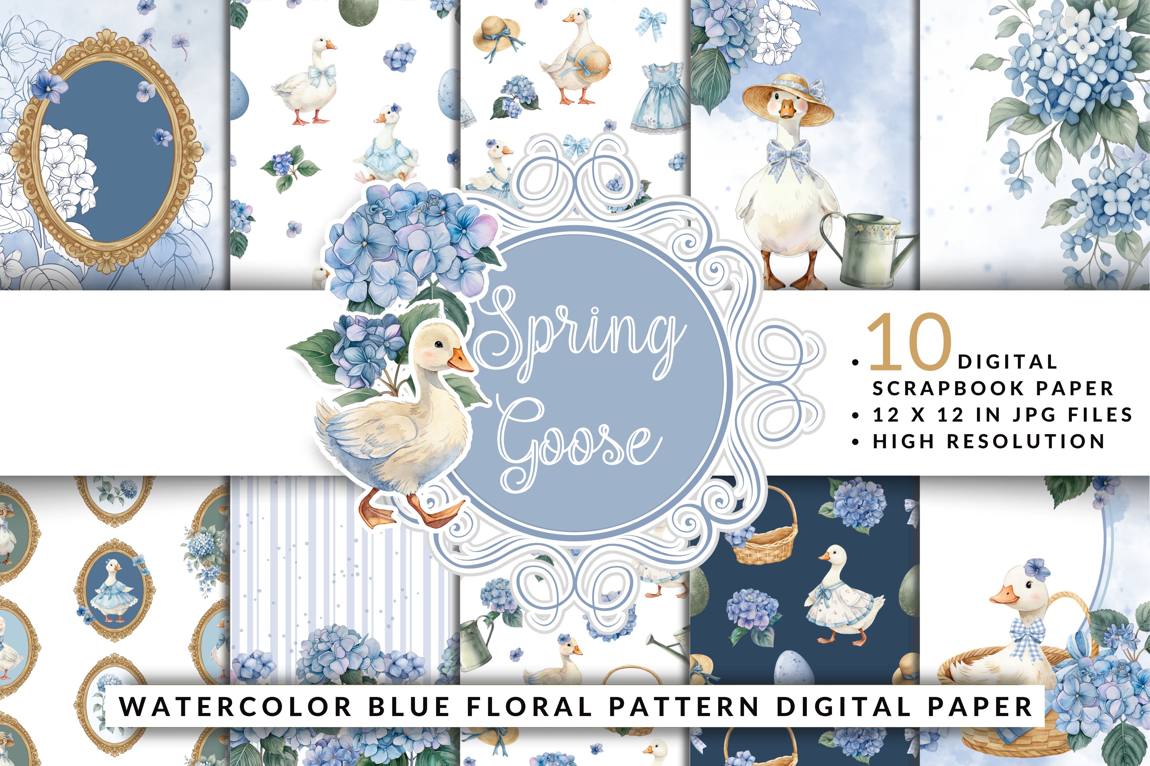 Spring Goose Blue Floral Digital Paper