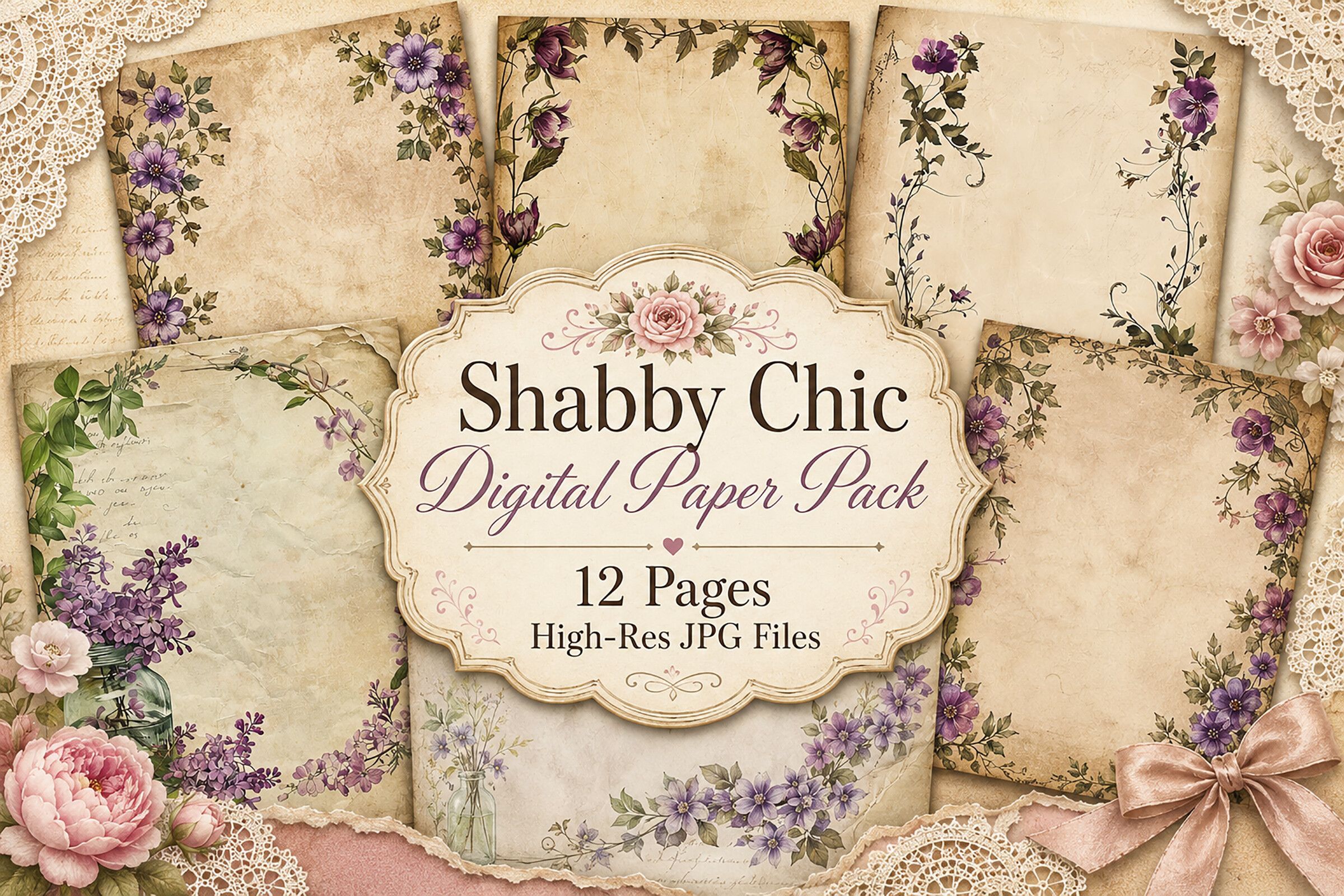 Vintage Purple Floral Digital Paper