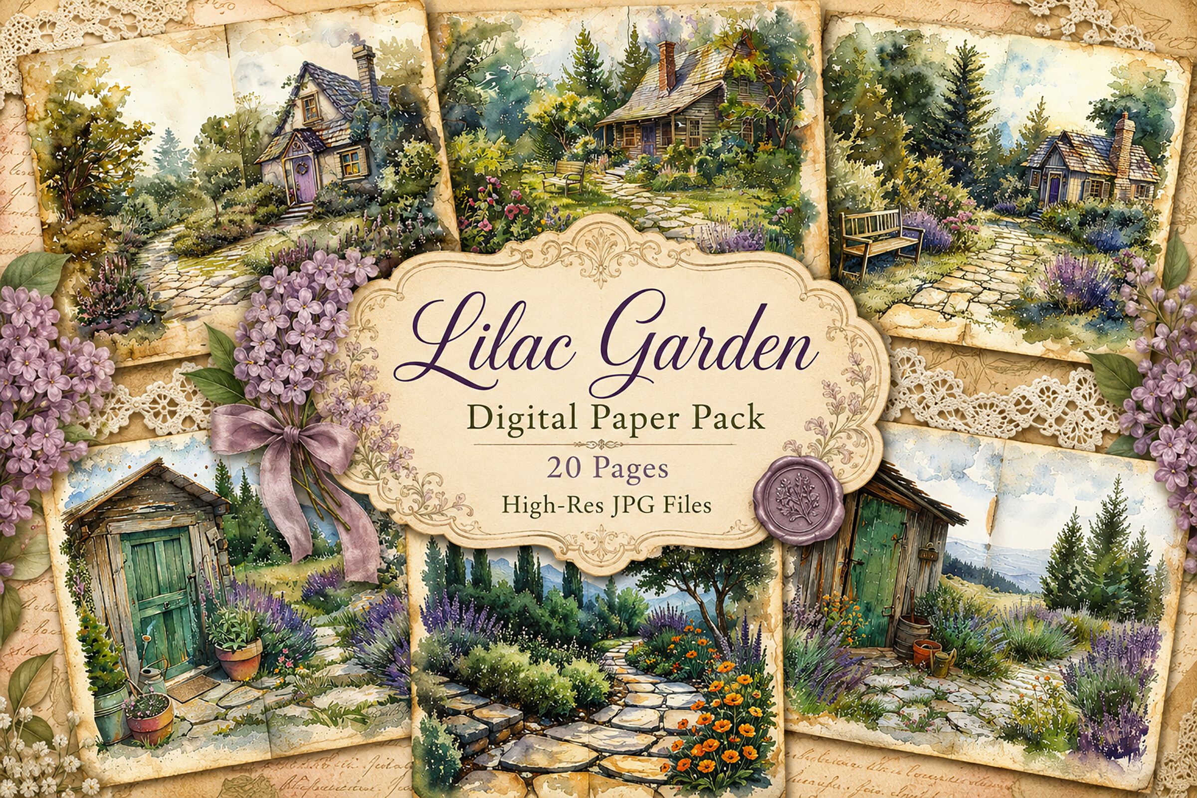 Vintage Cottage Garden Landscape Paper