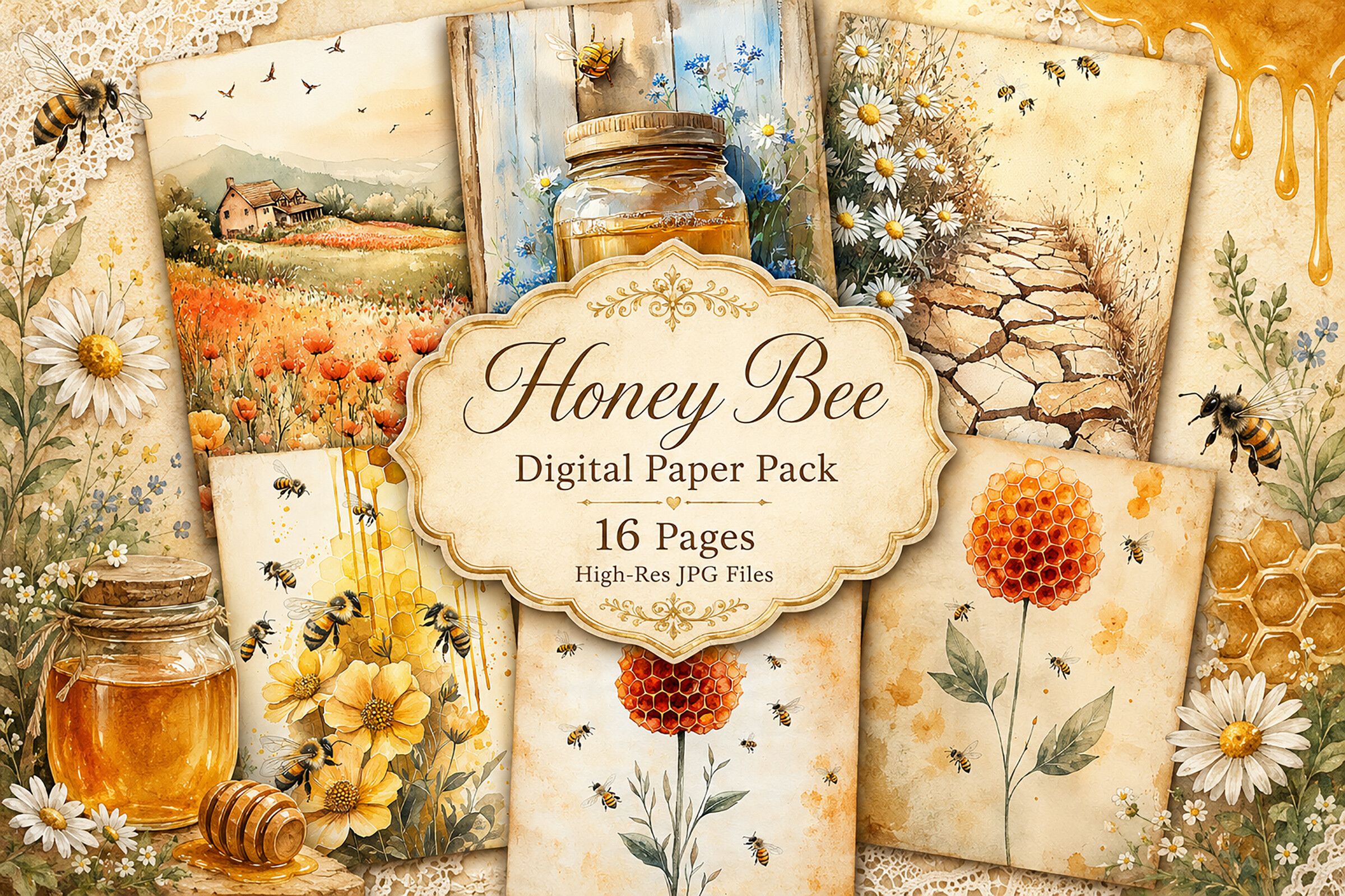 Honey Bee Botanical Digital Paper